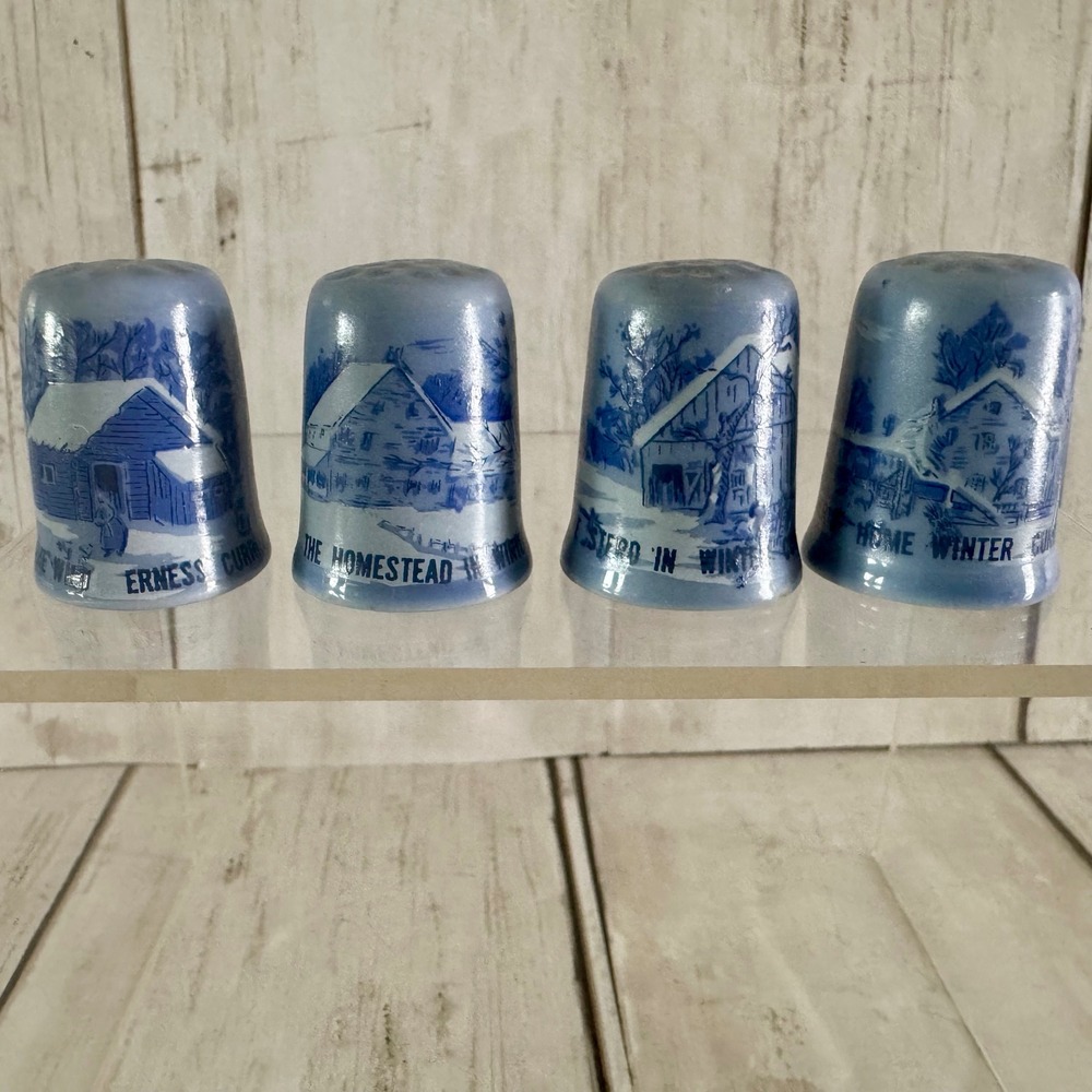 Currier and Ives Blue White Winter Scenes Ceramic Thimbles Set of 4 Americana